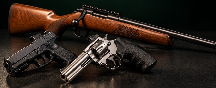 Rifle, pistola e revólver